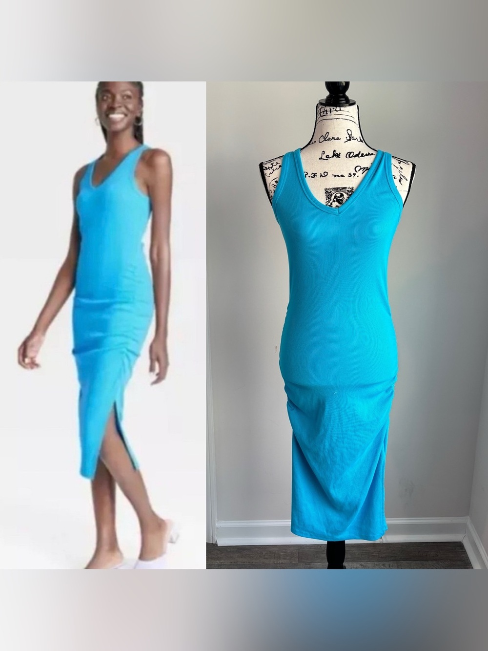 A New Day Women's Rib Knit Side Ruched Midi Dress in Turquoise Size Small EUC